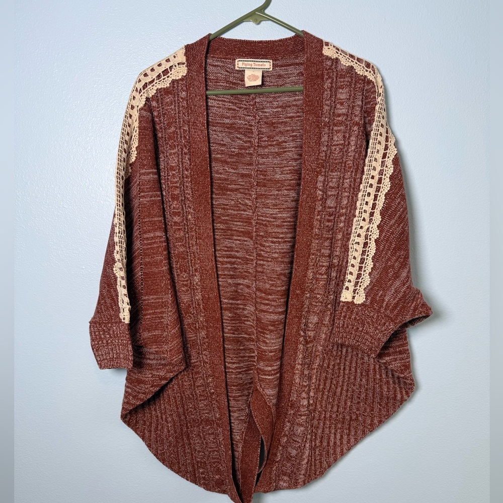 Flying Tomato Rust Knit Open-Front Cardigan with Cream Crochet Trim